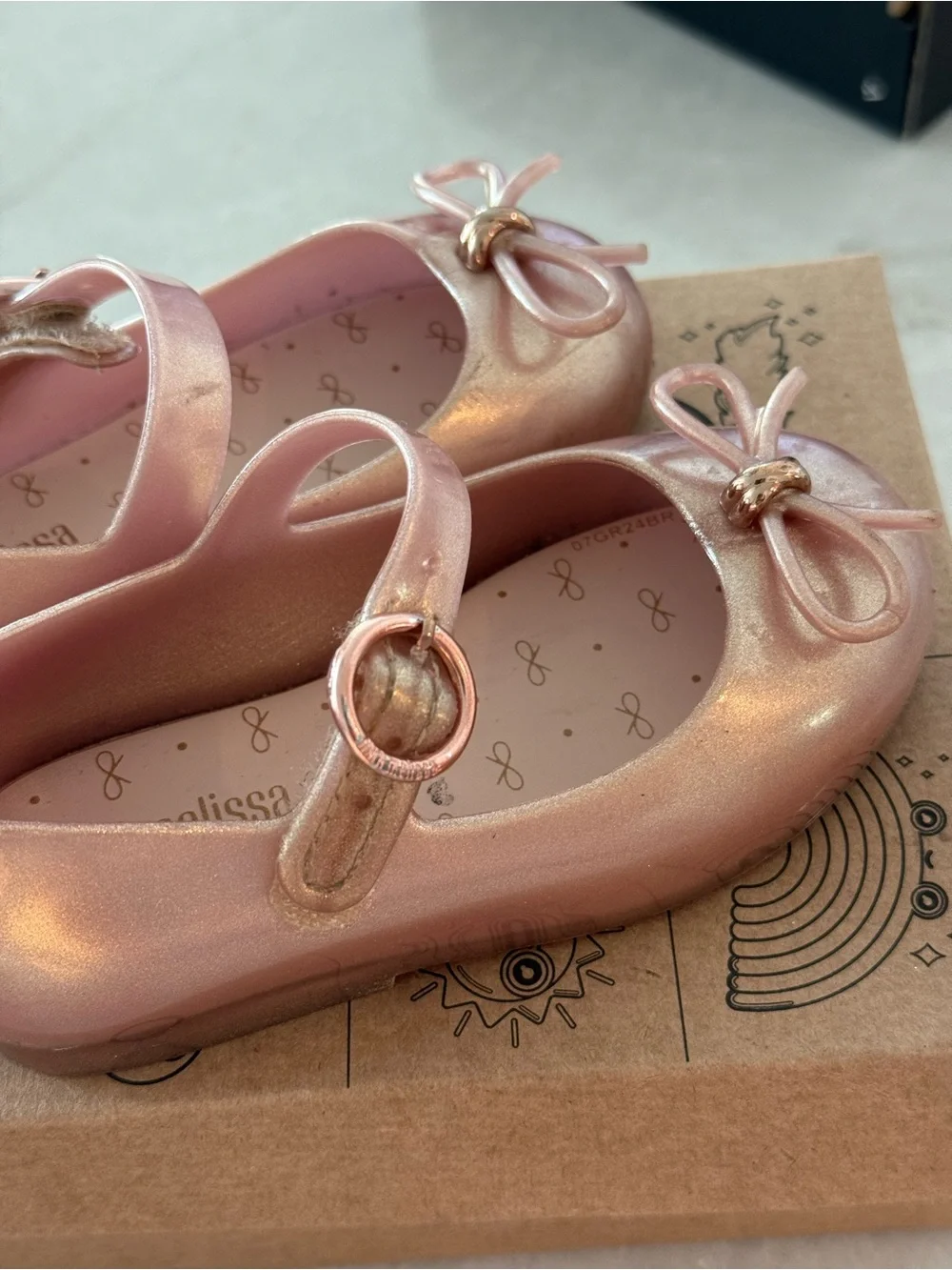 Mini Melissa Metallic Rose Gold Mary Janes with Bow Accent